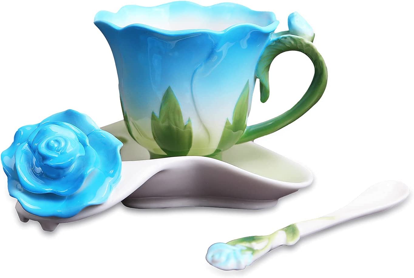 ENCOFT Ceramic Tea Cups Flower Tea Cup Set for Women with Spoon Rose Shape Design Mushroom Cup Gifts (Blue)