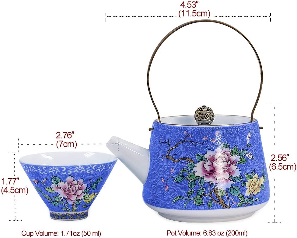 Dahlia Prosperity Peony Exquisite Filigree Porcelain Gongfu Tea Set (Teapot + 6 Teacups) Light Blue