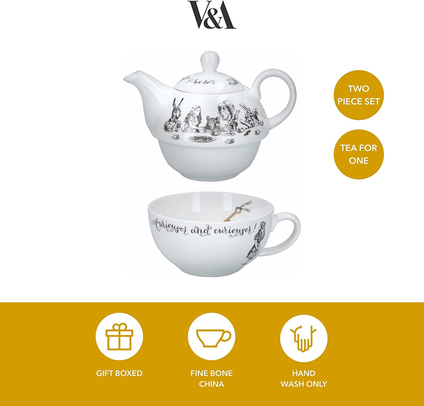 Creative Tops Alice in Wonderland Tea for One Teapot and Cup Gift Box, 2 Piece Set, Gold,white