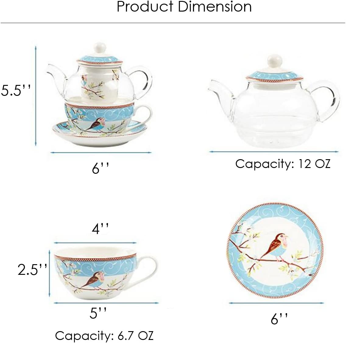Jusalpha Glass Teapot with a Fine China Infuser Strainer, Cup and Saucer Set,Teapot and Teacup for One, Tea for one #05 (Blue)