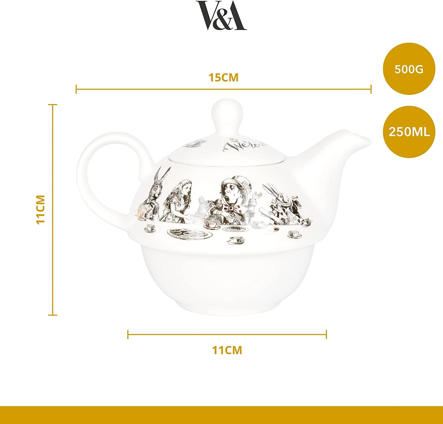Creative Tops Alice in Wonderland Tea for One Teapot and Cup Gift Box, 2 Piece Set, Gold,white