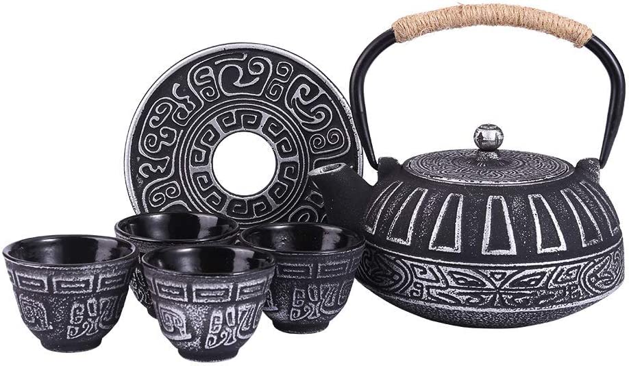 COOGOU Japanese Style Cast Iron Teapot Set with 4 Tea Cups Iron Tea Kettle with Infuser Hemp Rope Trivet Asian Gift for Adults Parents (Fish Scale Pattern, Blue,Anti Rust)