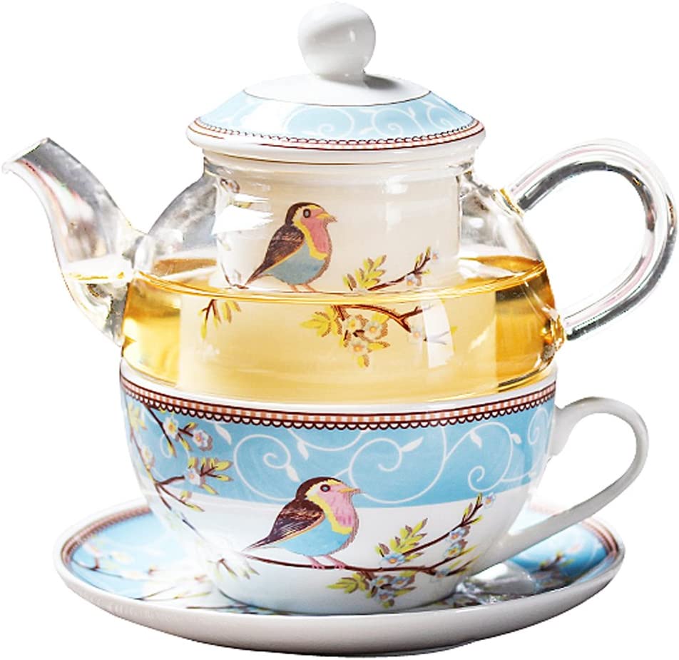 Jusalpha Glass Teapot with a Fine China Infuser Strainer, Cup and Saucer Set,Teapot and Teacup for One, Tea for one #05 (Blue)