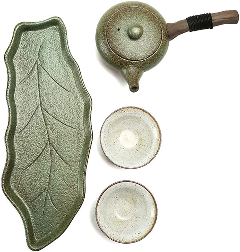 Japanese Coarse Pottery Green Tea Set With Leaf Tray And 2 Tea Cups, Gift Box. 日本茶セット