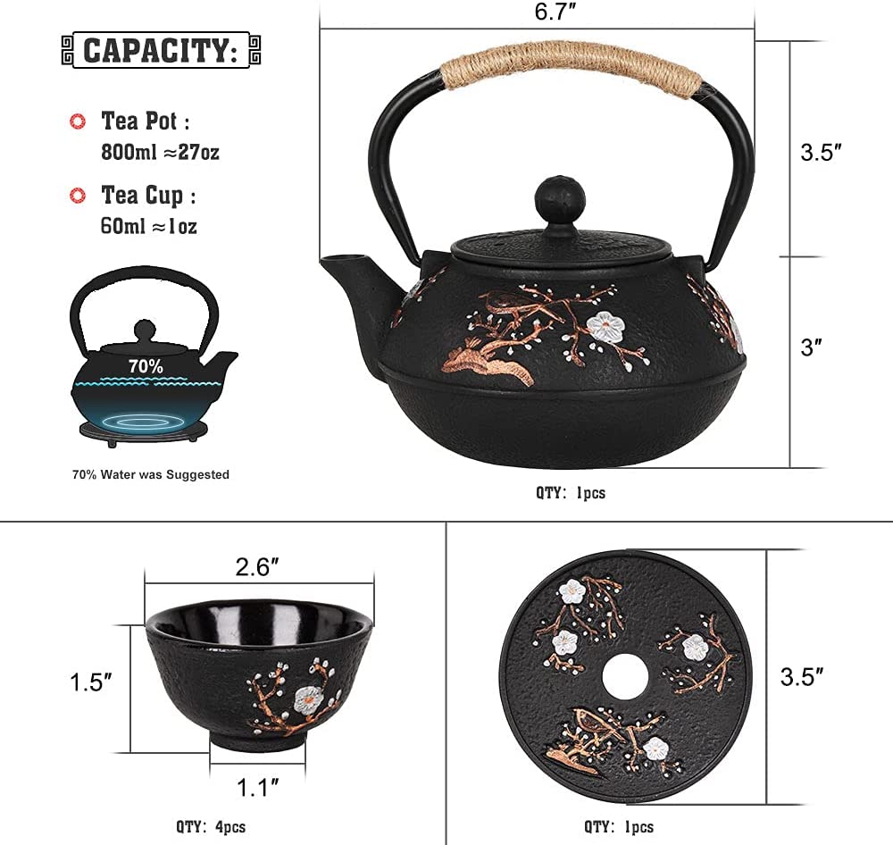 COOGOU Japanese Style Cast Iron Teapot Set with 4 Tea Cups Iron Tea Kettle with Infuser Hemp Rope Trivet Asian Gift for Adults Parents (Fish Scale Pattern, Blue,Anti Rust)