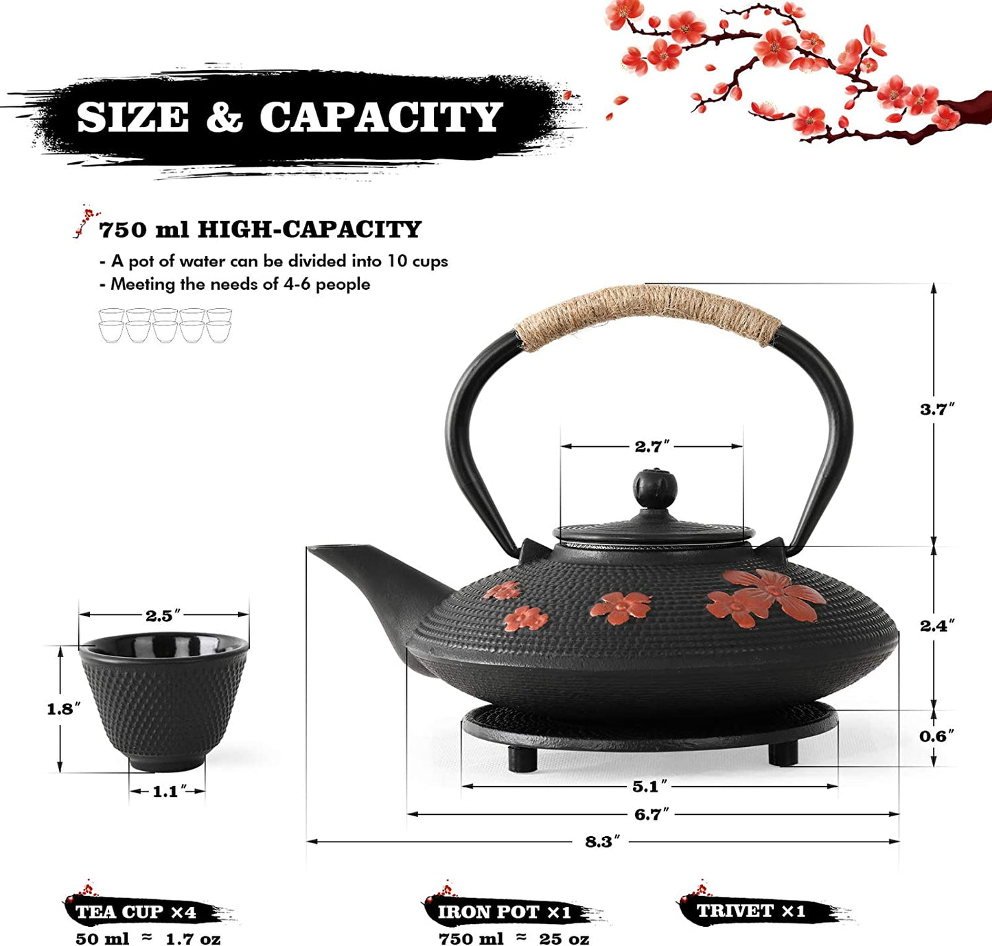 Japanese Style Cast Iron Teapot with 4 Tea Cups Trivet Tetsubin Tea Kettle with Infuser Chinese Tea Set for Adults Iron Tea Pots Black (Magpie and Plum Pattern)