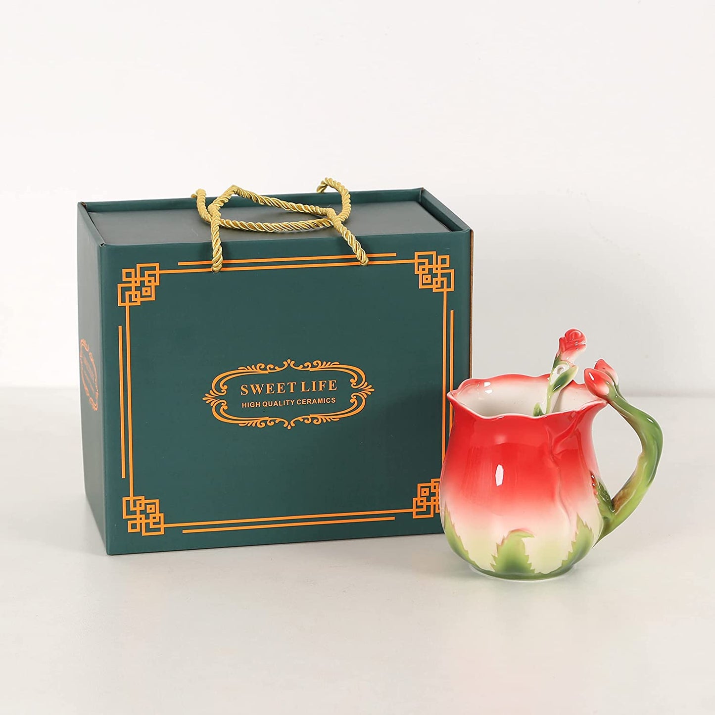 ENCOFT Ceramic Tea Cups Flower Tea Cup Set for Women with Spoon Rose Shape Design Mushroom Cup Gifts (Blue)