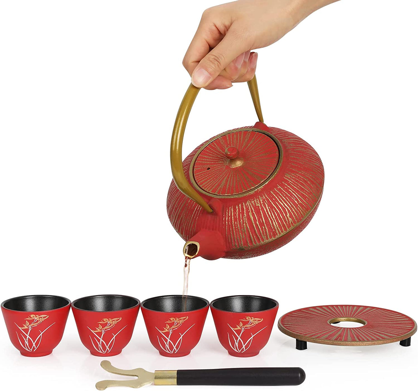 Japanese Style Cast Iron Teapot with 4 Tea Cups Trivet Tetsubin Tea Kettle with Infuser Chinese Tea Set for Adults Iron Tea Pots Black (Magpie and Plum Pattern)