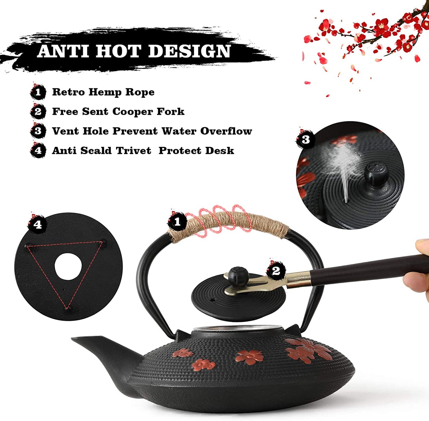 Japanese Style Cast Iron Teapot with 4 Tea Cups Trivet Tetsubin Tea Kettle with Infuser Chinese Tea Set for Adults Iron Tea Pots Black (Magpie and Plum Pattern)
