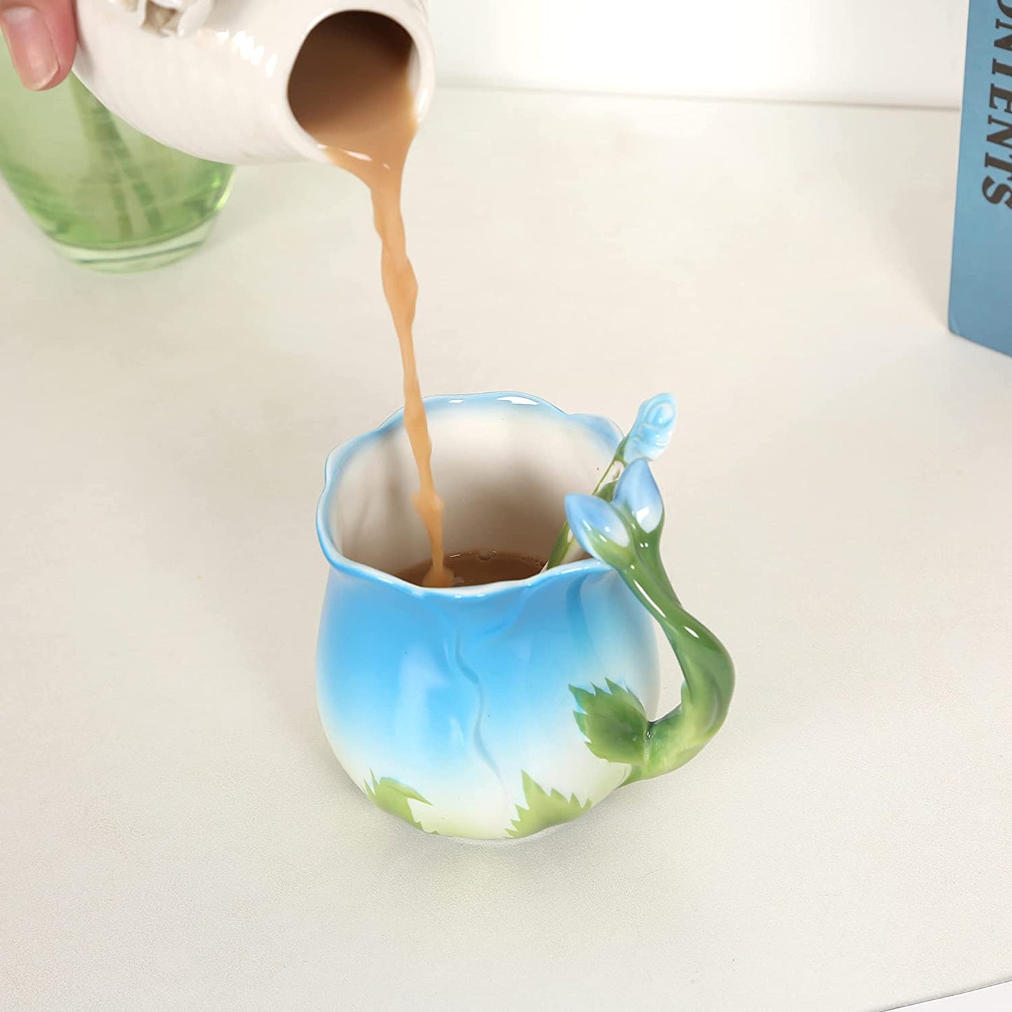 ENCOFT Ceramic Tea Cups Flower Tea Cup Set for Women with Spoon Rose Shape Design Mushroom Cup Gifts (Blue)