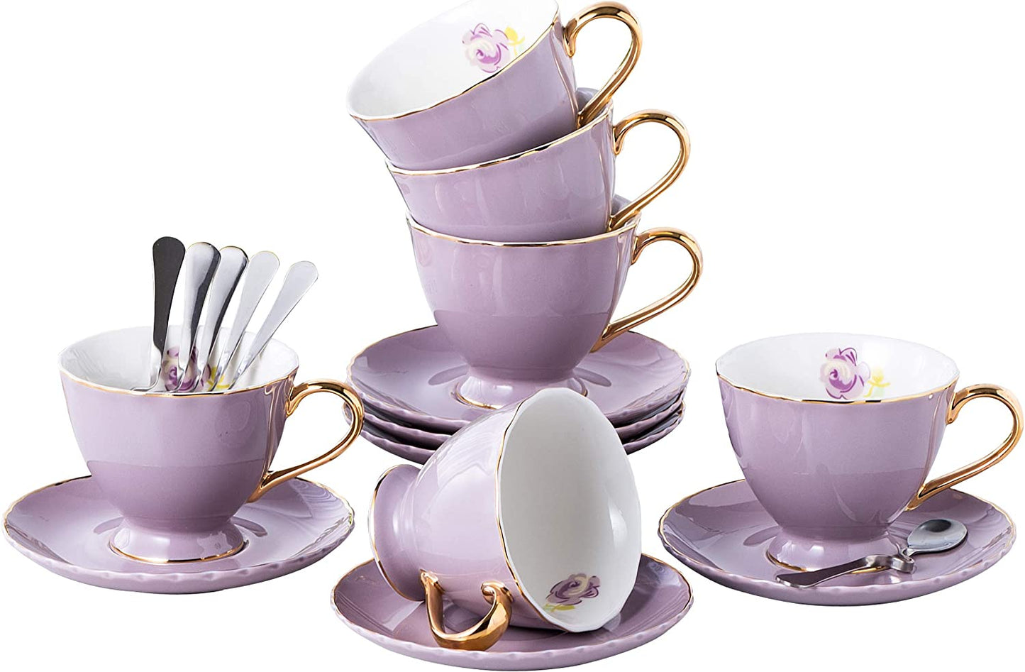 Jusalpha® Fine China Tea Cup and Saucer Coffee Cup Set with Saucer and Spoon Set of 6 (FD-TCS02 blue (6), 7oz)