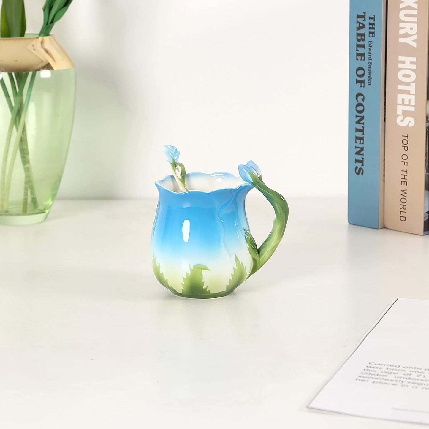 ENCOFT Ceramic Tea Cups Flower Tea Cup Set for Women with Spoon Rose Shape Design Mushroom Cup Gifts (Blue)