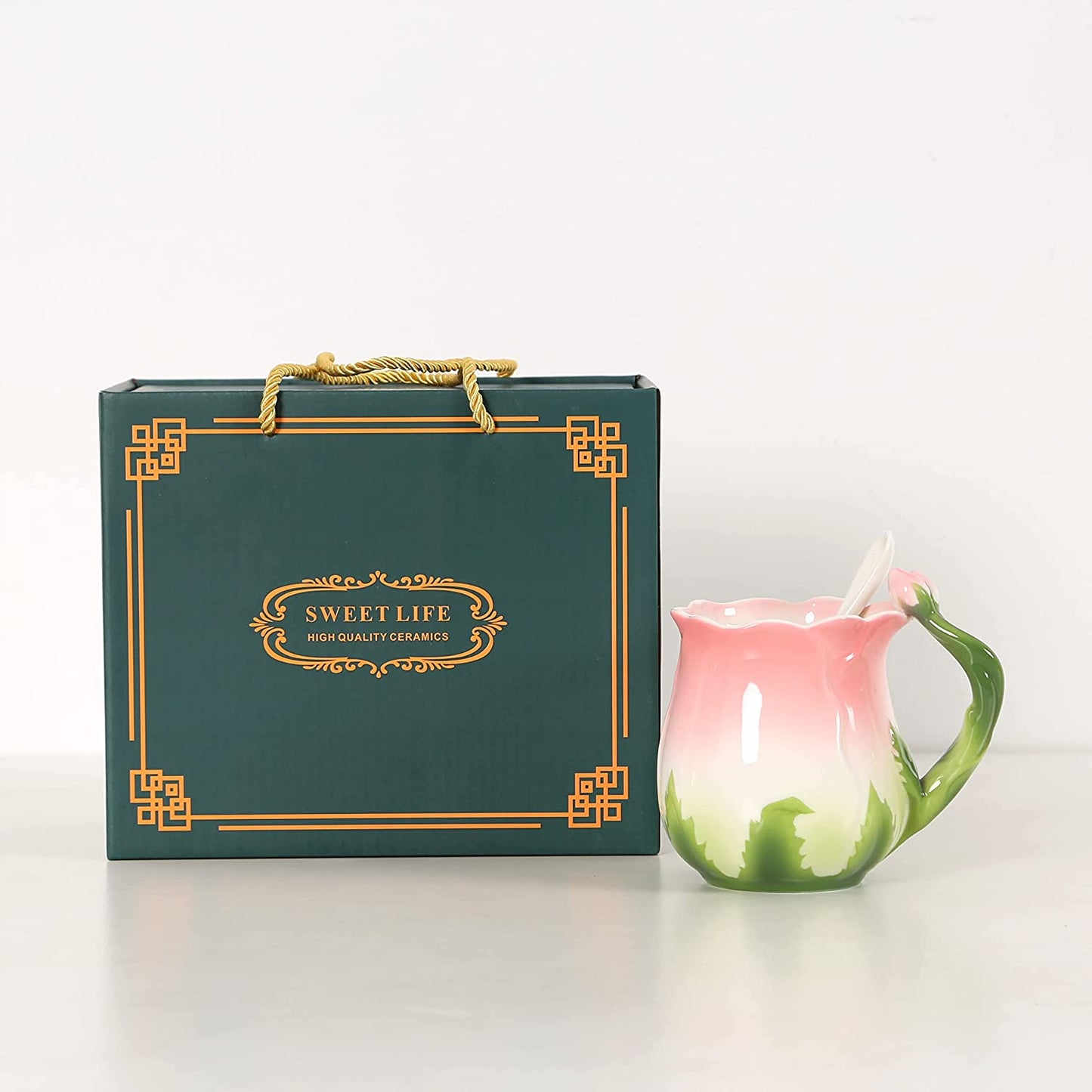 ENCOFT Ceramic Tea Cups Flower Tea Cup Set for Women with Spoon Rose Shape Design Mushroom Cup Gifts (Blue)