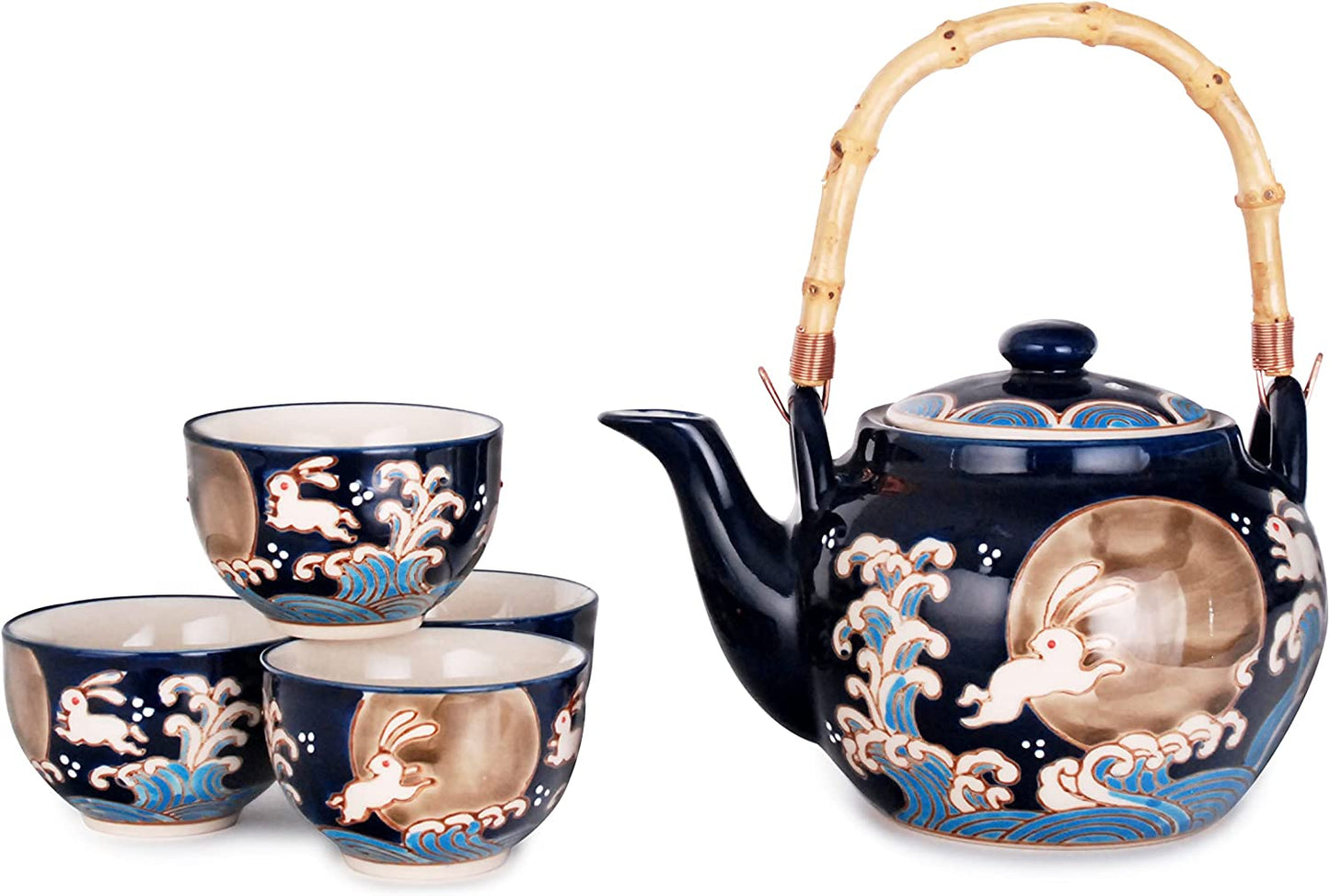 Hinomaru Collection Japanese Style Moon Rabbit Design 25 fl oz Ceramic Teapot with Rattan Handle and 4 Tea Cups Set