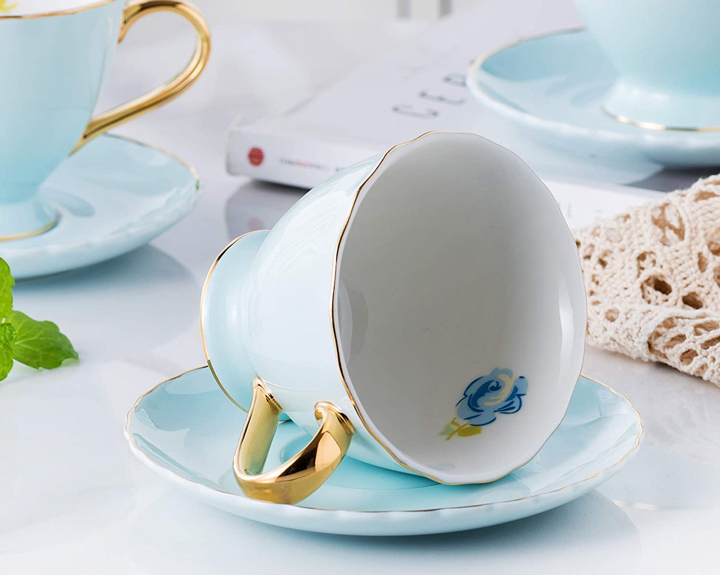 Jusalpha® Fine China Tea Cup and Saucer Coffee Cup Set with Saucer and Spoon Set of 6 (FD-TCS02 blue (6), 7oz)