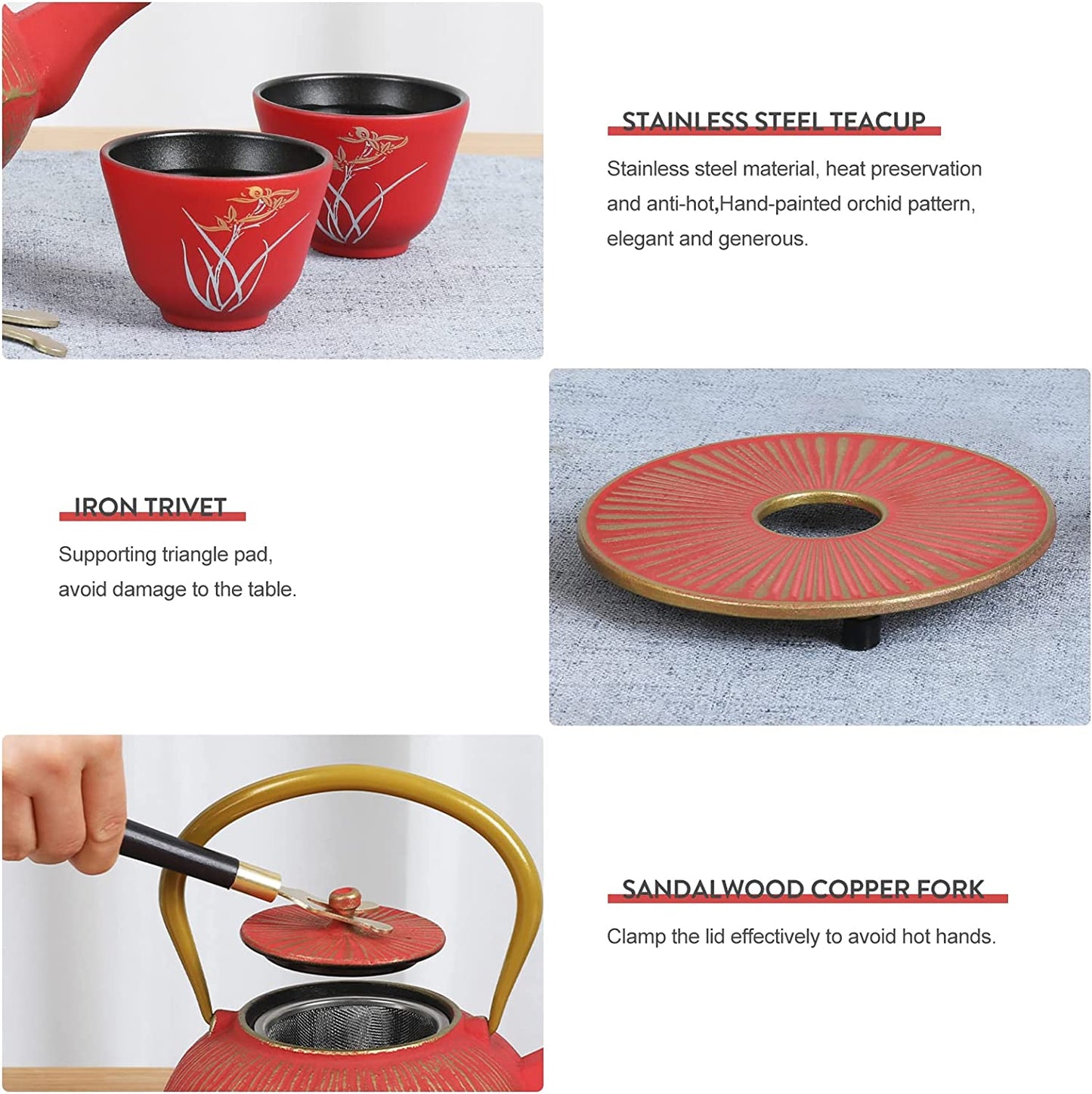 Japanese Style Cast Iron Teapot with 4 Tea Cups Trivet Tetsubin Tea Kettle with Infuser Chinese Tea Set for Adults Iron Tea Pots Black (Magpie and Plum Pattern)