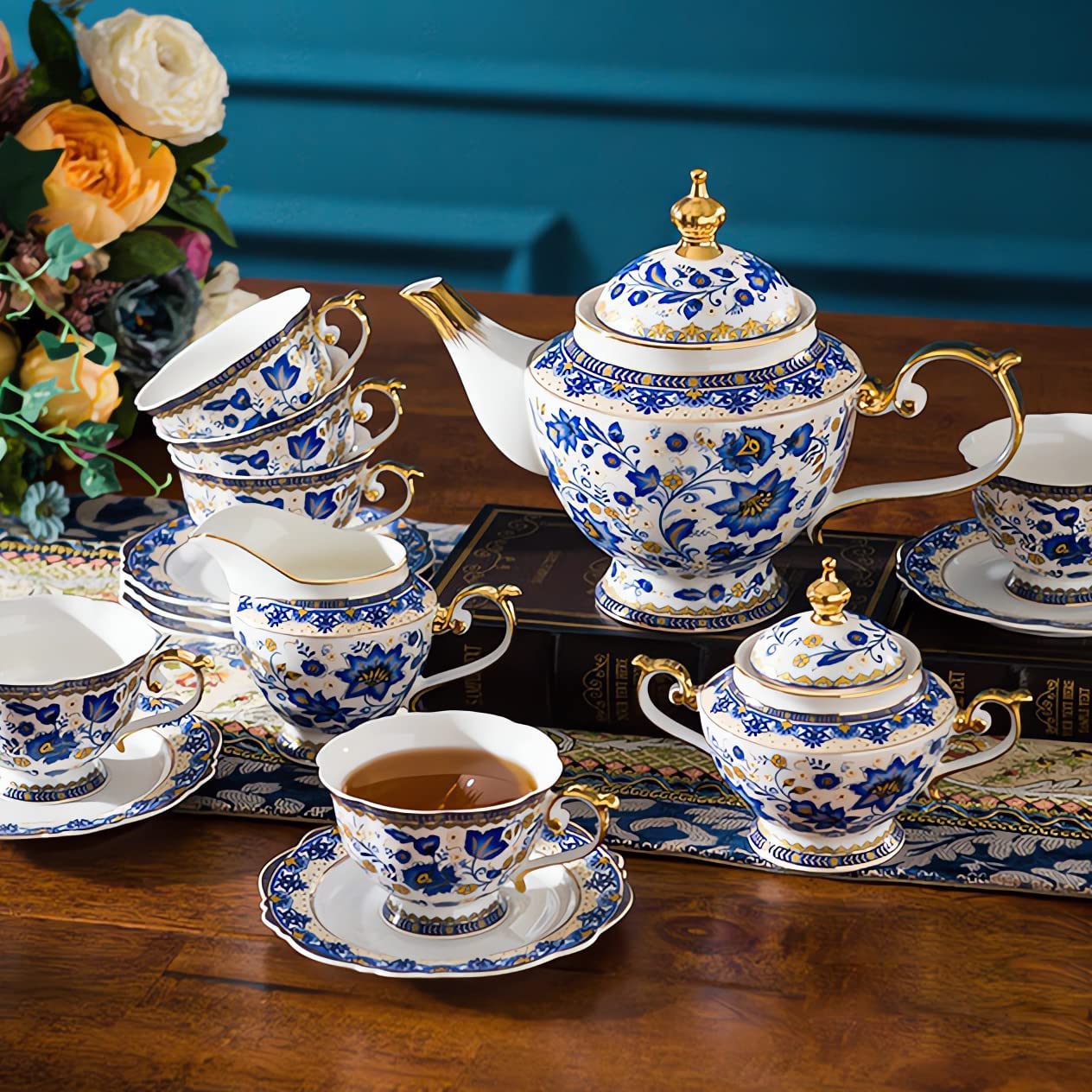 ACMLIFE Bone China Tea Set for 6 Adults, 21 Piece Blue and White Porcelain Tea Set, Vintage Floral Tea Sets for Women Tea Party or Gift Giving