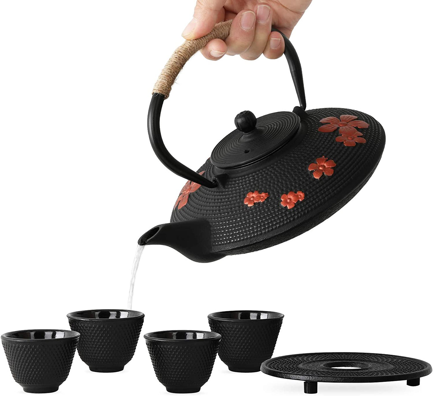 Japanese Style Cast Iron Teapot with 4 Tea Cups Trivet Tetsubin Tea Kettle with Infuser Chinese Tea Set for Adults Iron Tea Pots Black (Magpie and Plum Pattern)