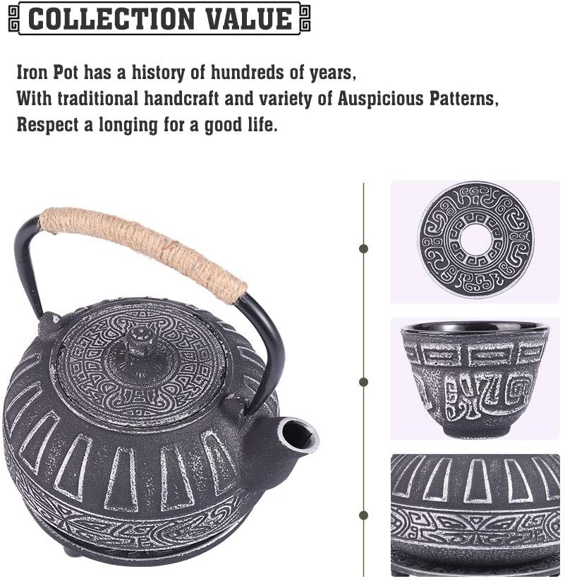 COOGOU Japanese Style Cast Iron Teapot Set with 4 Tea Cups Iron Tea Kettle with Infuser Hemp Rope Trivet Asian Gift for Adults Parents (Fish Scale Pattern, Blue,Anti Rust)