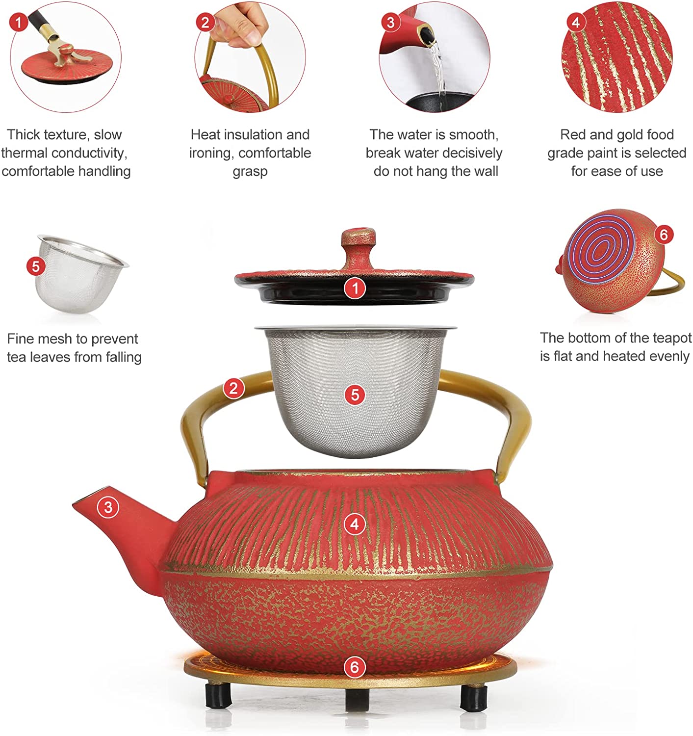 Japanese Style Cast Iron Teapot with 4 Tea Cups Trivet Tetsubin Tea Kettle with Infuser Chinese Tea Set for Adults Iron Tea Pots Black (Magpie and Plum Pattern)