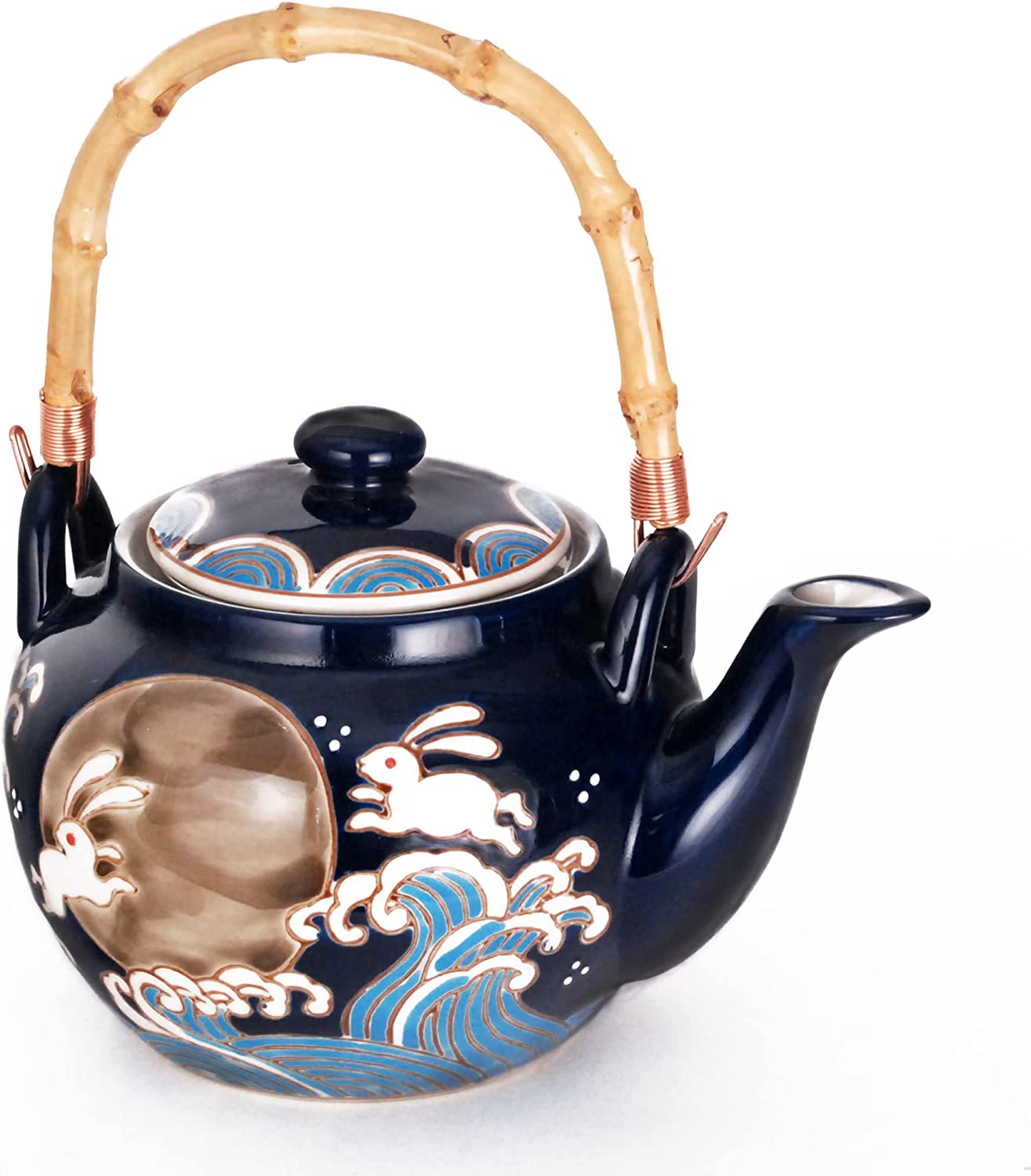 Hinomaru Collection Japanese Style Moon Rabbit Design 25 fl oz Ceramic Teapot with Rattan Handle and 4 Tea Cups Set