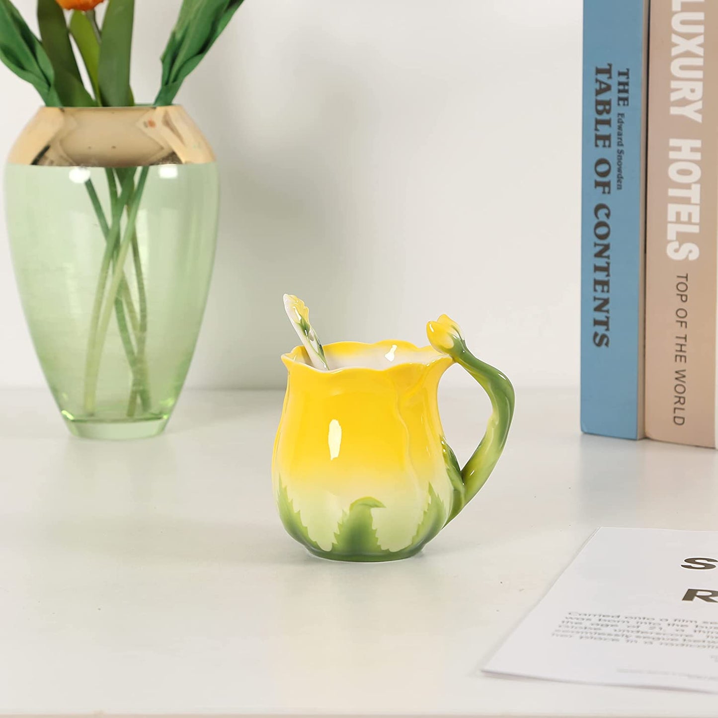 ENCOFT Ceramic Tea Cups Flower Tea Cup Set for Women with Spoon Rose Shape Design Mushroom Cup Gifts (Blue)