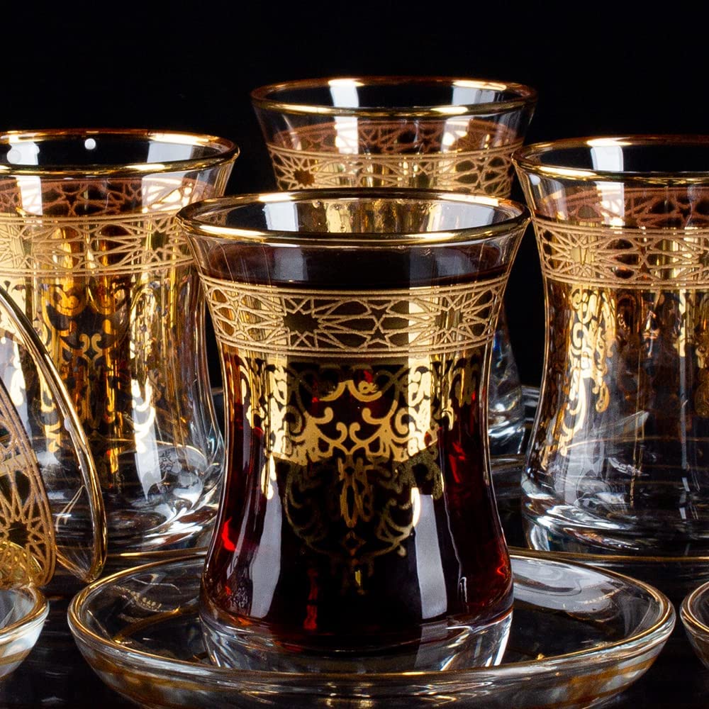 Turkish-Style Glass Teacup and Saucer Set, Gold