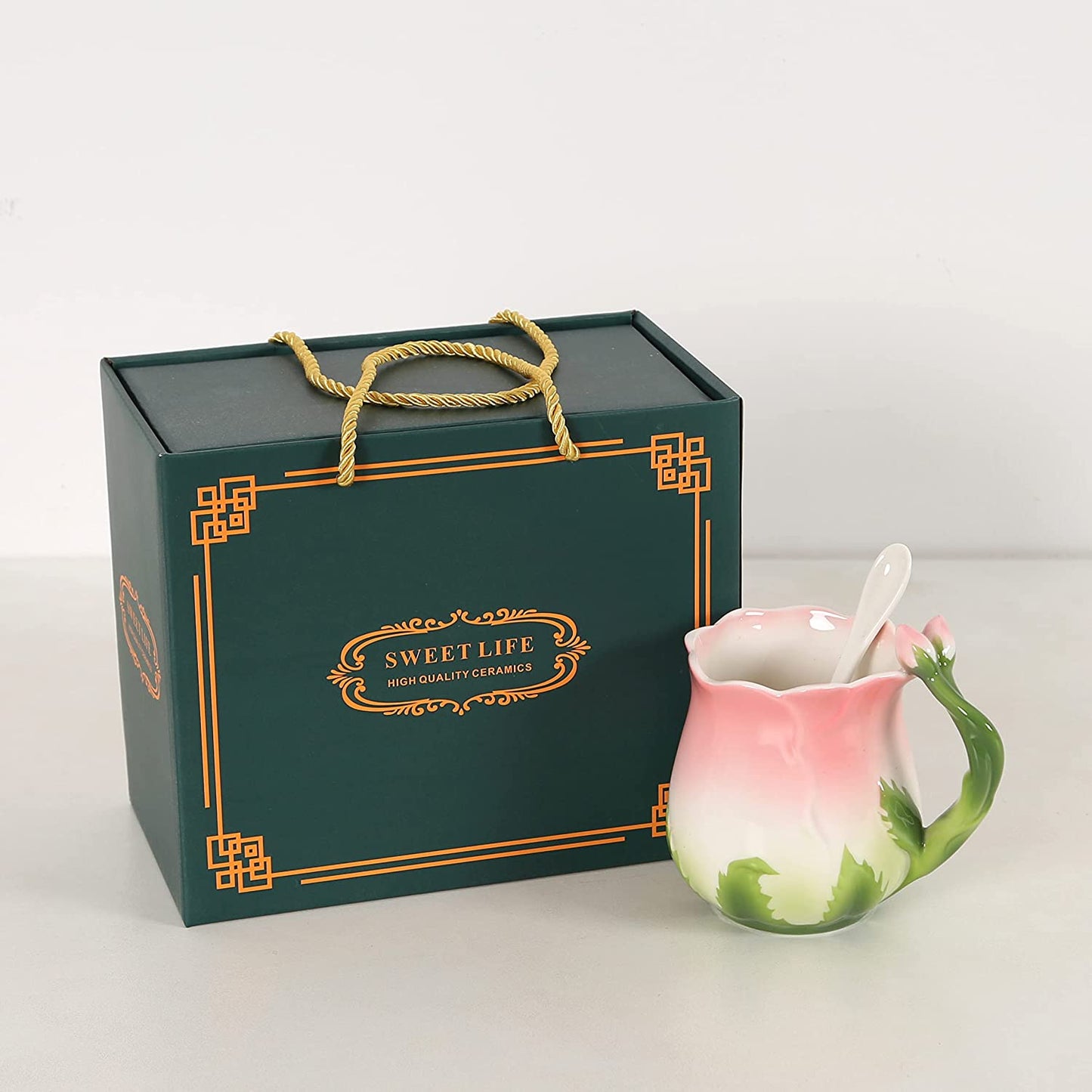 ENCOFT Ceramic Tea Cups Flower Tea Cup Set for Women with Spoon Rose Shape Design Mushroom Cup Gifts (Blue)