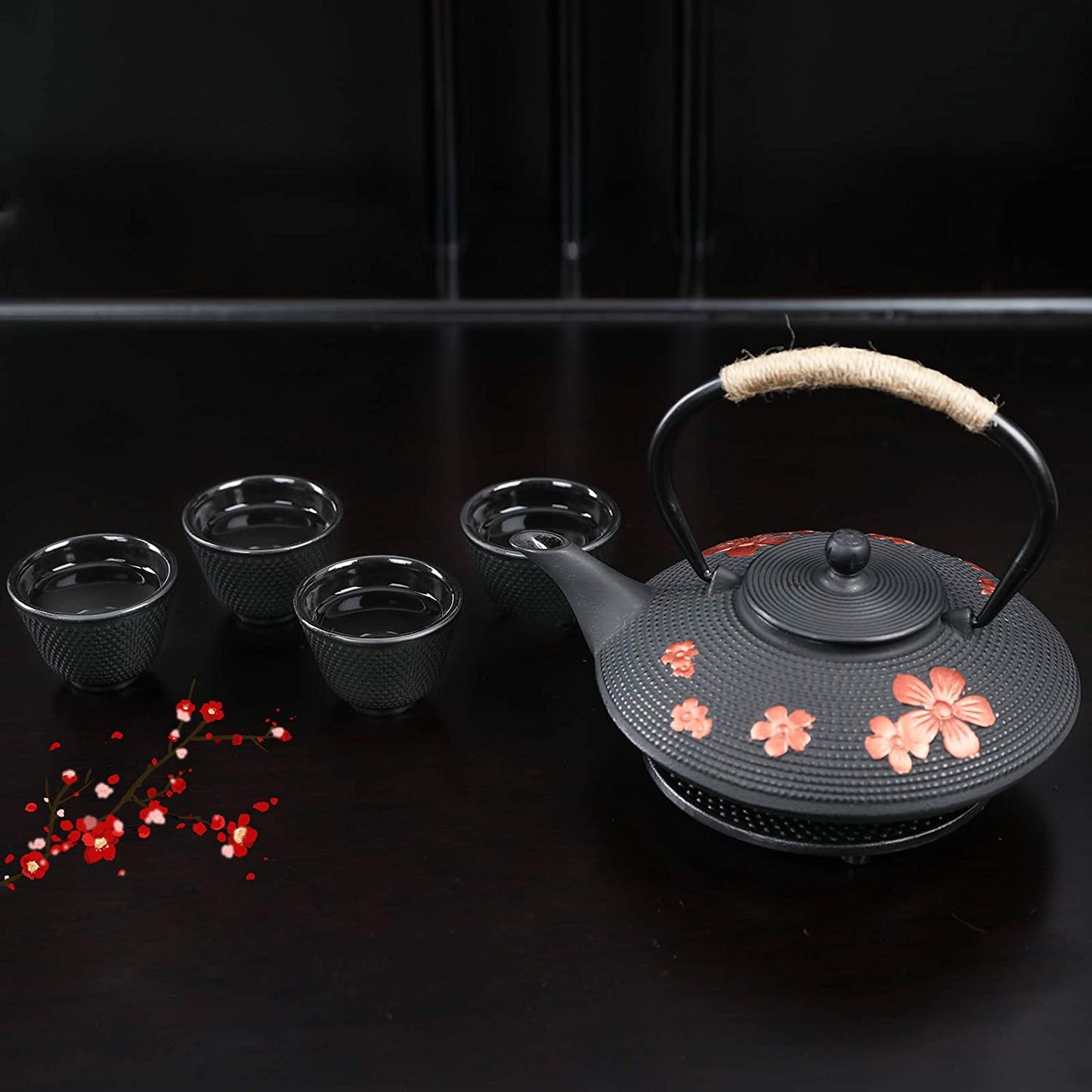 Japanese Style Cast Iron Teapot with 4 Tea Cups Trivet Tetsubin Tea Kettle with Infuser Chinese Tea Set for Adults Iron Tea Pots Black (Magpie and Plum Pattern)