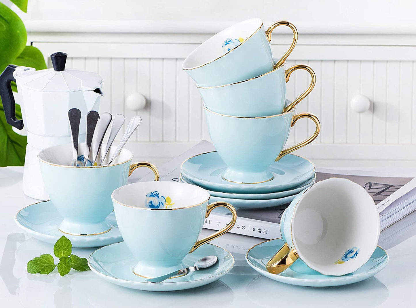 Jusalpha® Fine China Tea Cup and Saucer Coffee Cup Set with Saucer and Spoon Set of 6 (FD-TCS02 blue (6), 7oz)