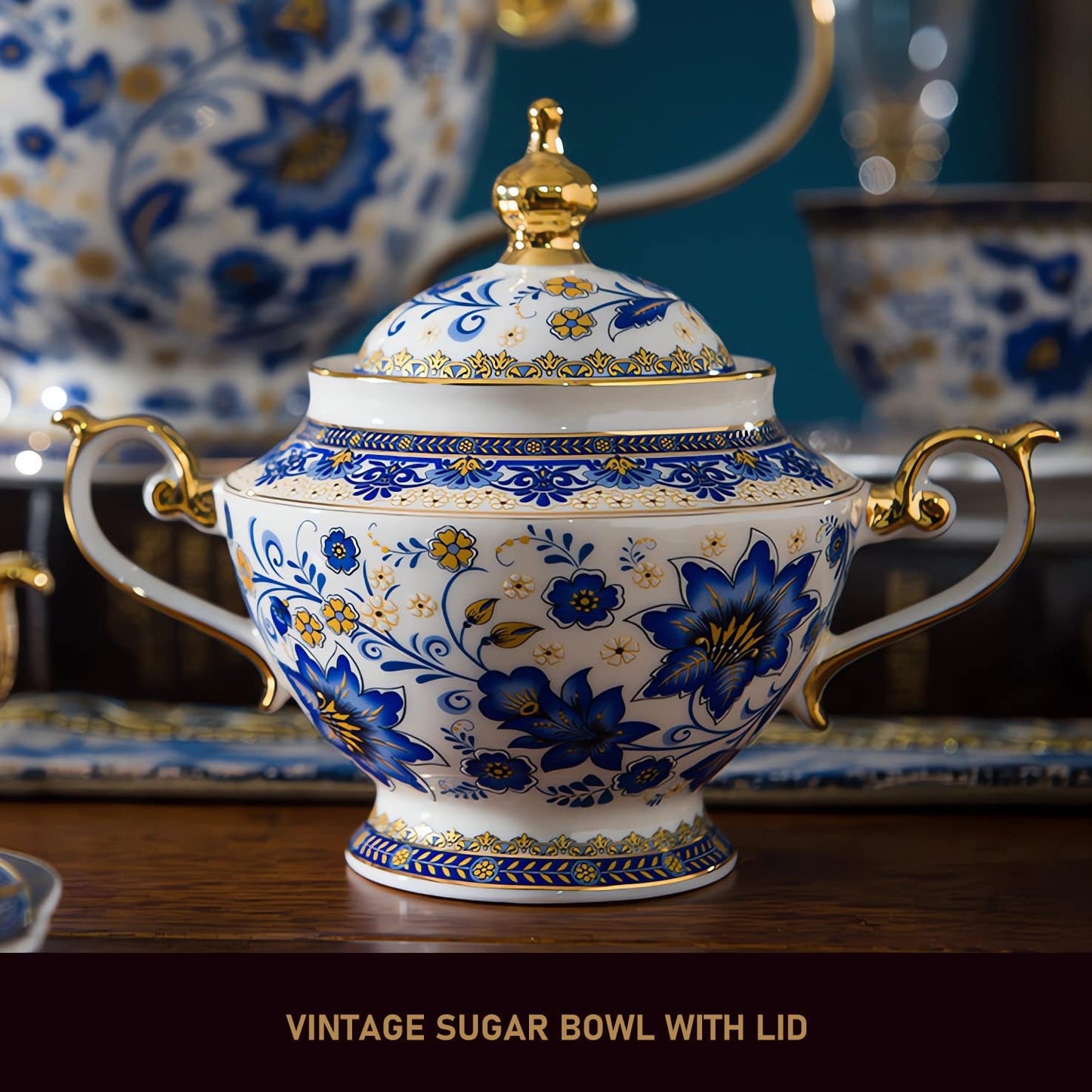 ACMLIFE Bone China Tea Set for 6 Adults, 21 Piece Blue and White Porcelain Tea Set, Vintage Floral Tea Sets for Women Tea Party or Gift Giving