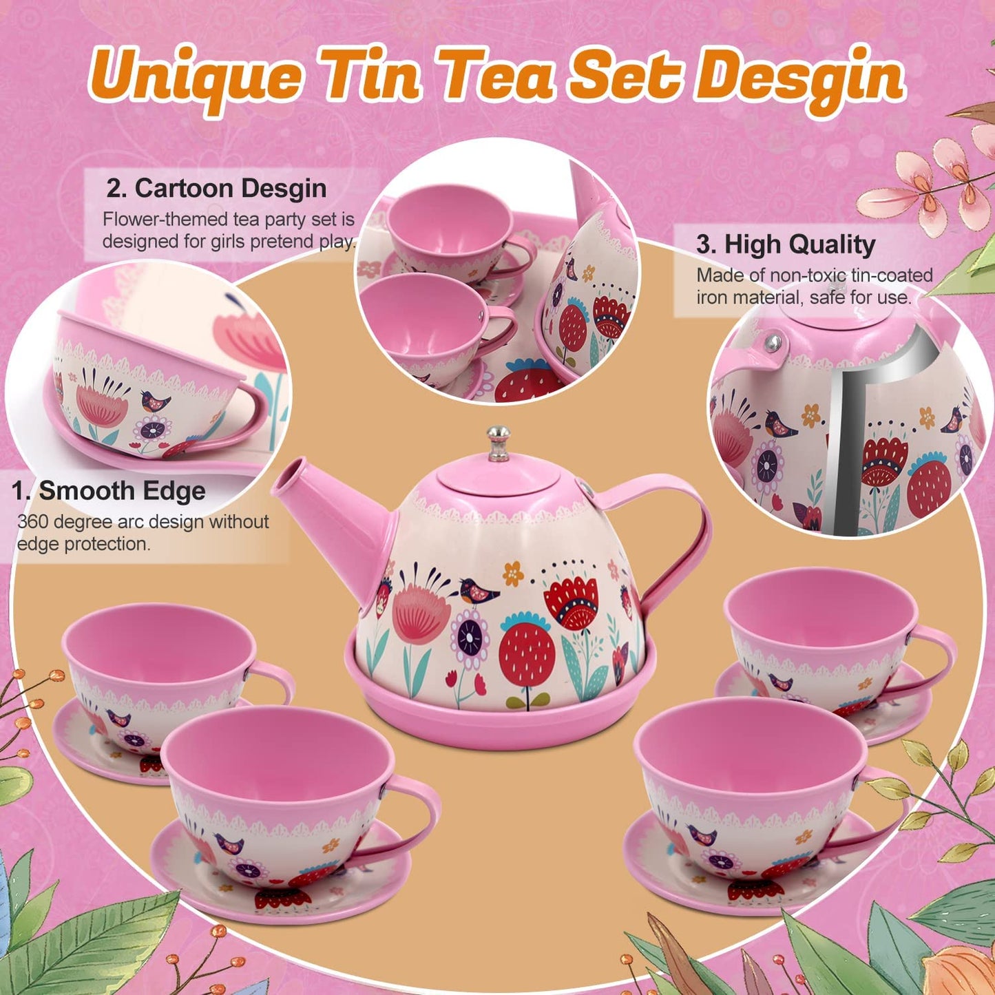 44PCS Tea Set for Little Girl, Princess Tea Time Toys Playset