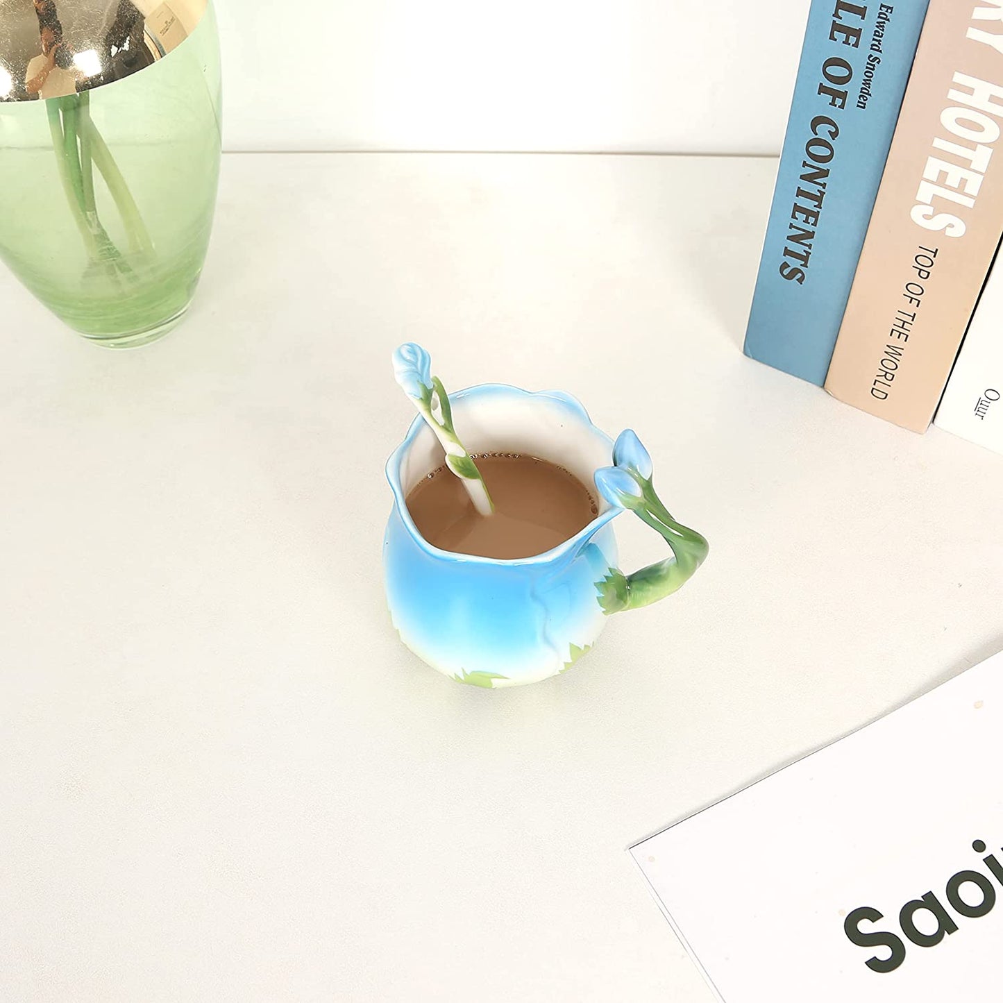 ENCOFT Ceramic Tea Cups Flower Tea Cup Set for Women with Spoon Rose Shape Design Mushroom Cup Gifts (Blue)