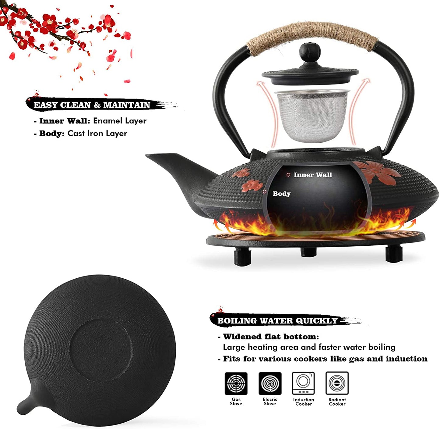 Japanese Style Cast Iron Teapot with 4 Tea Cups Trivet Tetsubin Tea Kettle with Infuser Chinese Tea Set for Adults Iron Tea Pots Black (Magpie and Plum Pattern)