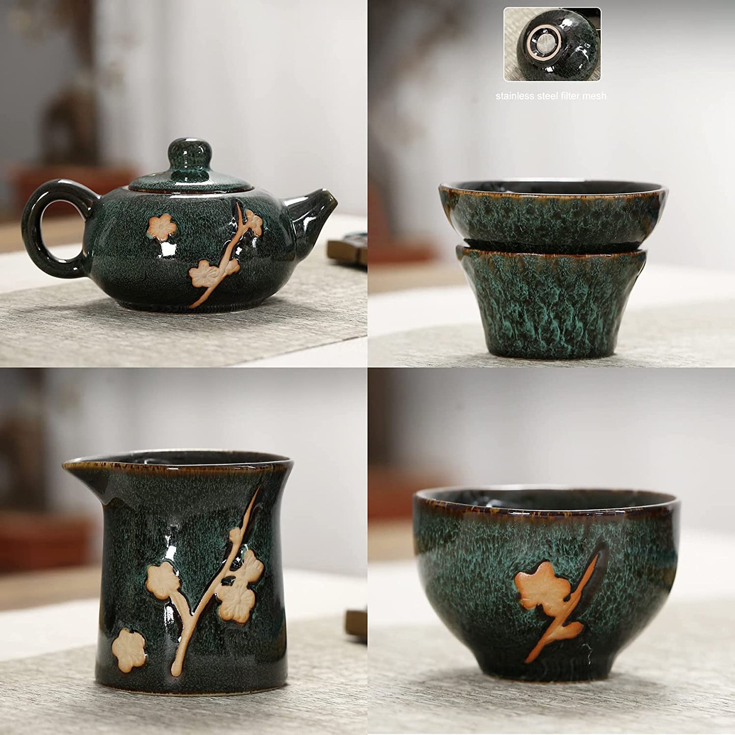 Chinese Plum Blossom 6 Cup Tea Set Kiln Glazed Dark Porcelain