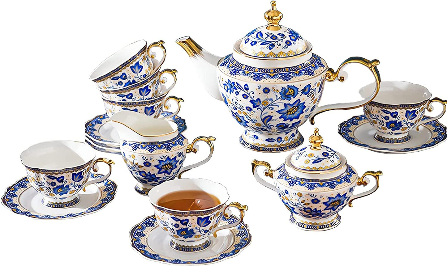 ACMLIFE Bone China Tea Set for 6 Adults, 21 Piece Blue and White Porcelain Tea Set, Vintage Floral Tea Sets for Women Tea Party or Gift Giving