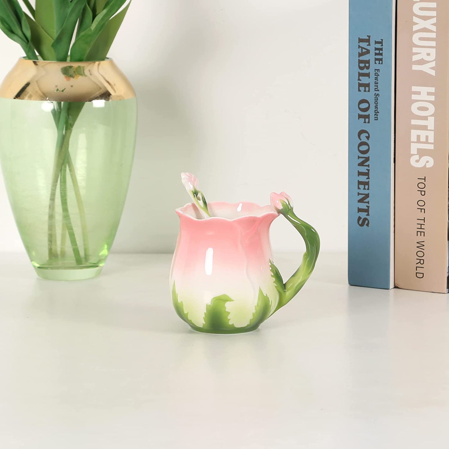 ENCOFT Ceramic Tea Cups Flower Tea Cup Set for Women with Spoon Rose Shape Design Mushroom Cup Gifts (Blue)