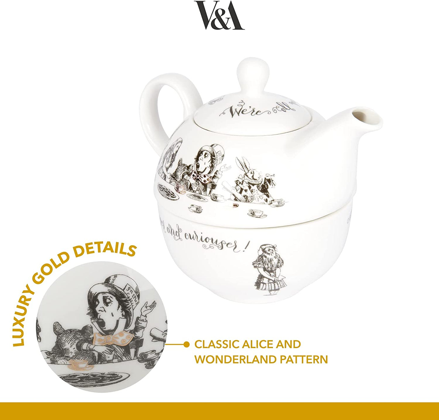 Creative Tops Alice in Wonderland Tea for One Teapot and Cup Gift Box, 2 Piece Set, Gold,white