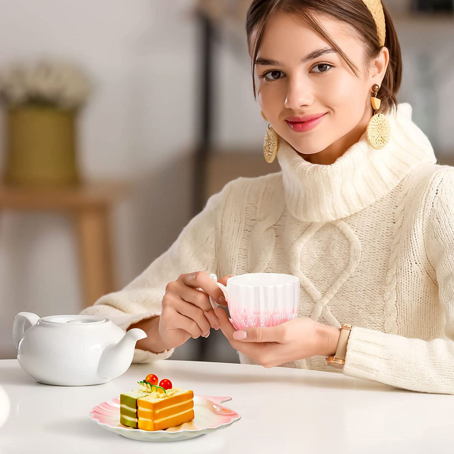2 Pieces Ceramic Cloud Mug Cute Cup with Sunflower Coaster 7oz Cute Ceramic Coffee Mug with Saucer Set for Office Home Coffee Tea Latte Milk, Pink and Pearl White