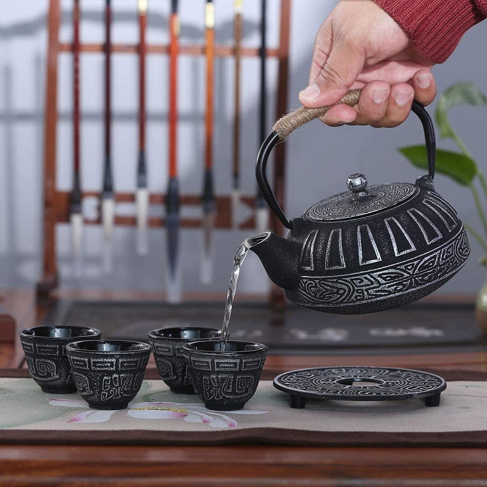 COOGOU Japanese Style Cast Iron Teapot Set with 4 Tea Cups Iron Tea Kettle with Infuser Hemp Rope Trivet Asian Gift for Adults Parents (Fish Scale Pattern, Blue,Anti Rust)