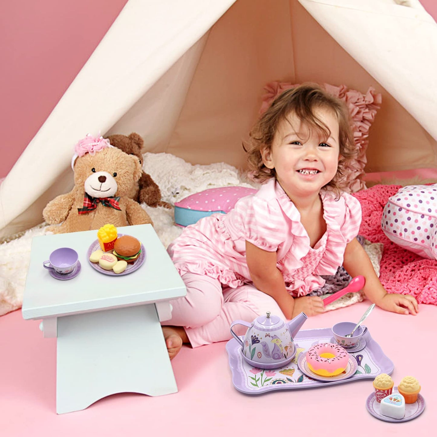 44PCS Tea Set for Little Girl, Princess Tea Time Toys Playset