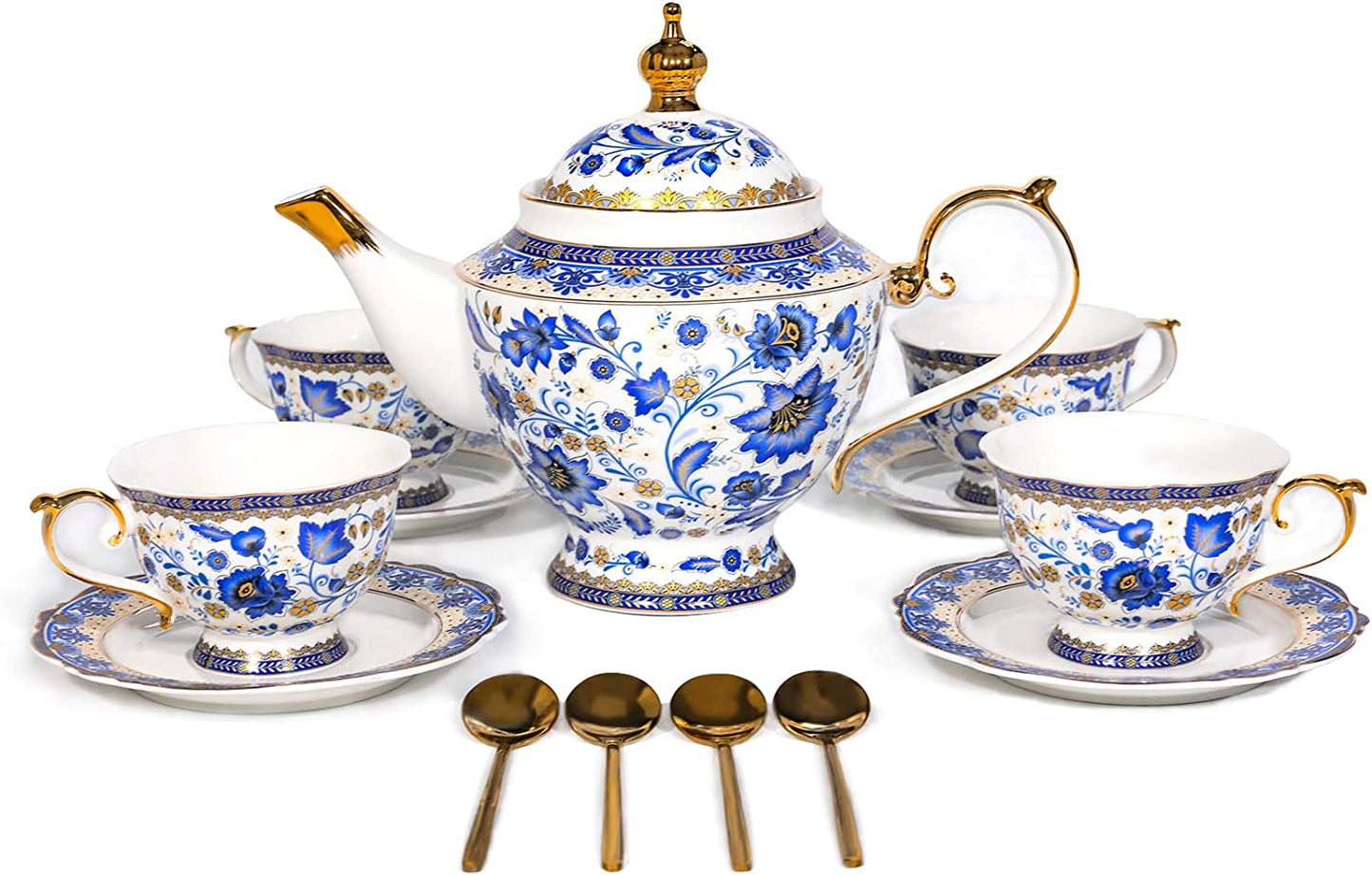 ACMLIFE Bone China Tea Set for 6 Adults, 21 Piece Blue and White Porcelain Tea Set, Vintage Floral Tea Sets for Women Tea Party or Gift Giving