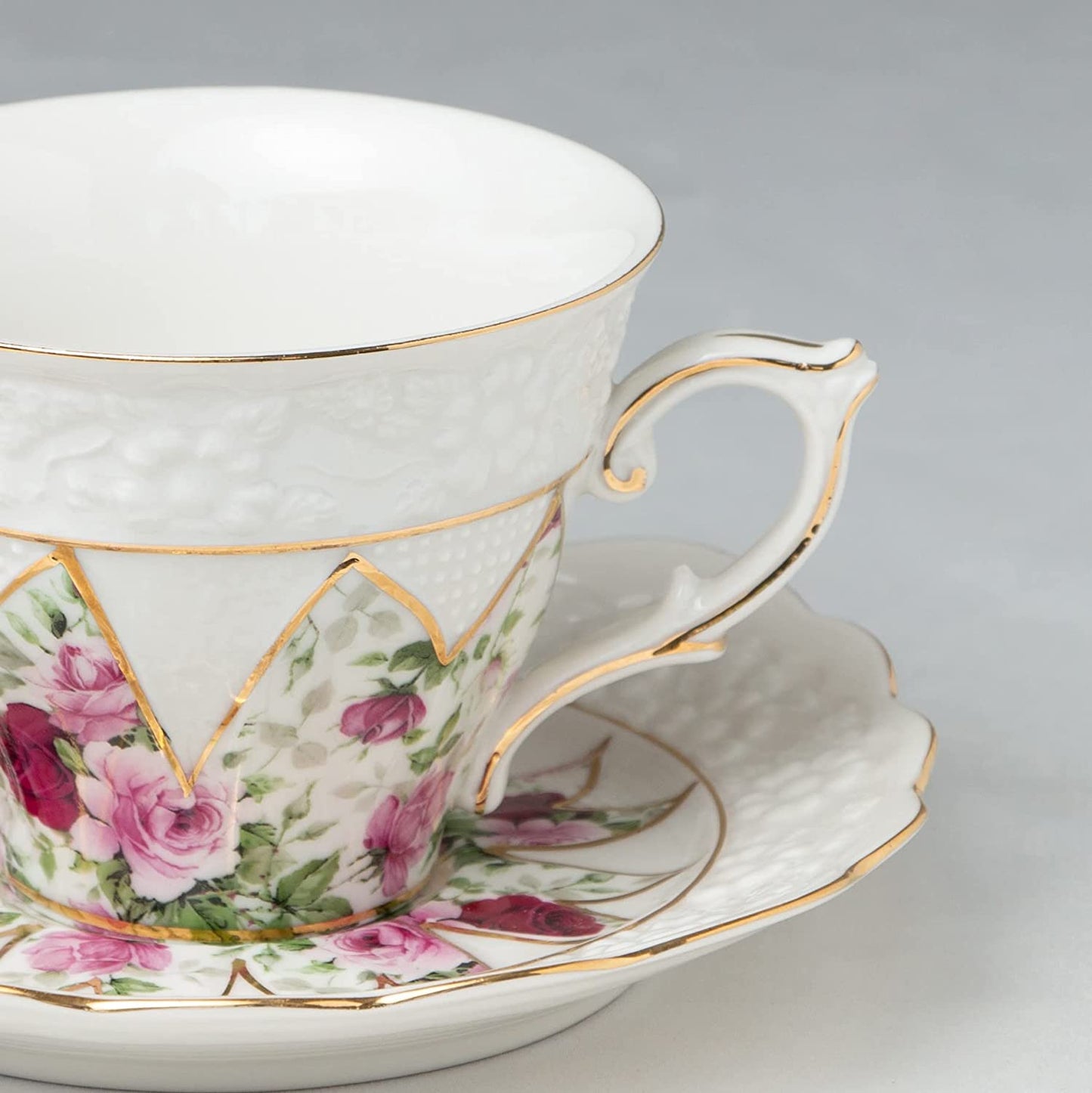 Gracie China by Coastline Imports 4-Piece Porcelain Tea for One, Stacked Teapot Cup Saucer, Red Rose