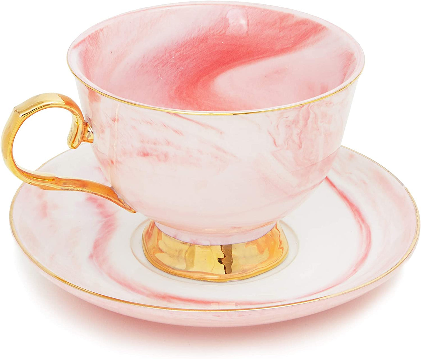 3-Piece Blue Marble Tea Cup and Saucer Gift Set for 1, 7 oz Teacup with Gold Spoon