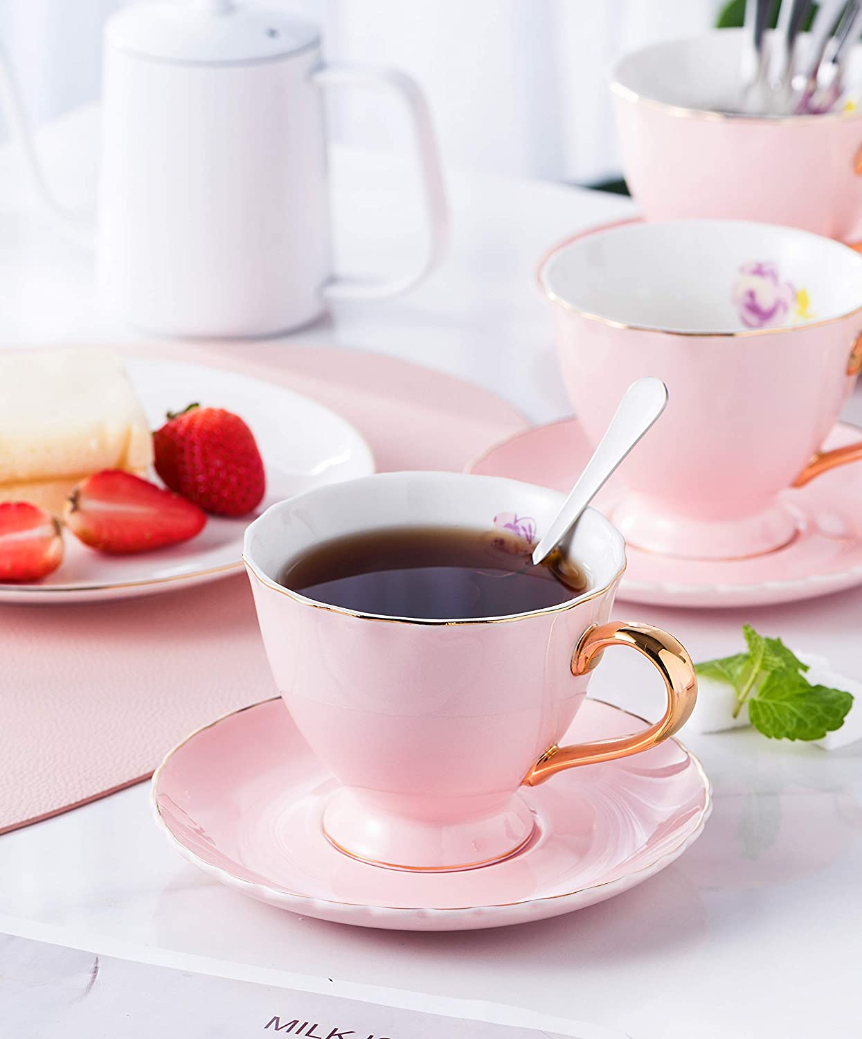 Jusalpha® Fine China Tea Cup and Saucer Coffee Cup Set with Saucer and Spoon Set of 6 (FD-TCS02 blue (6), 7oz)