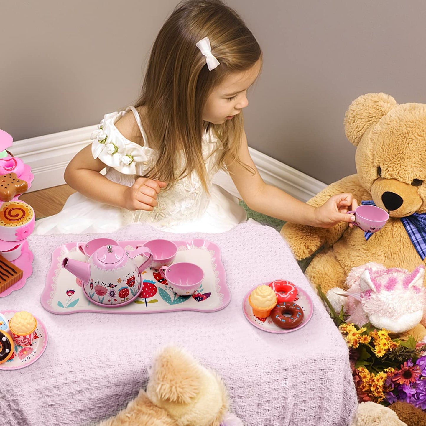 44PCS Tea Set for Little Girl, Princess Tea Time Toys Playset