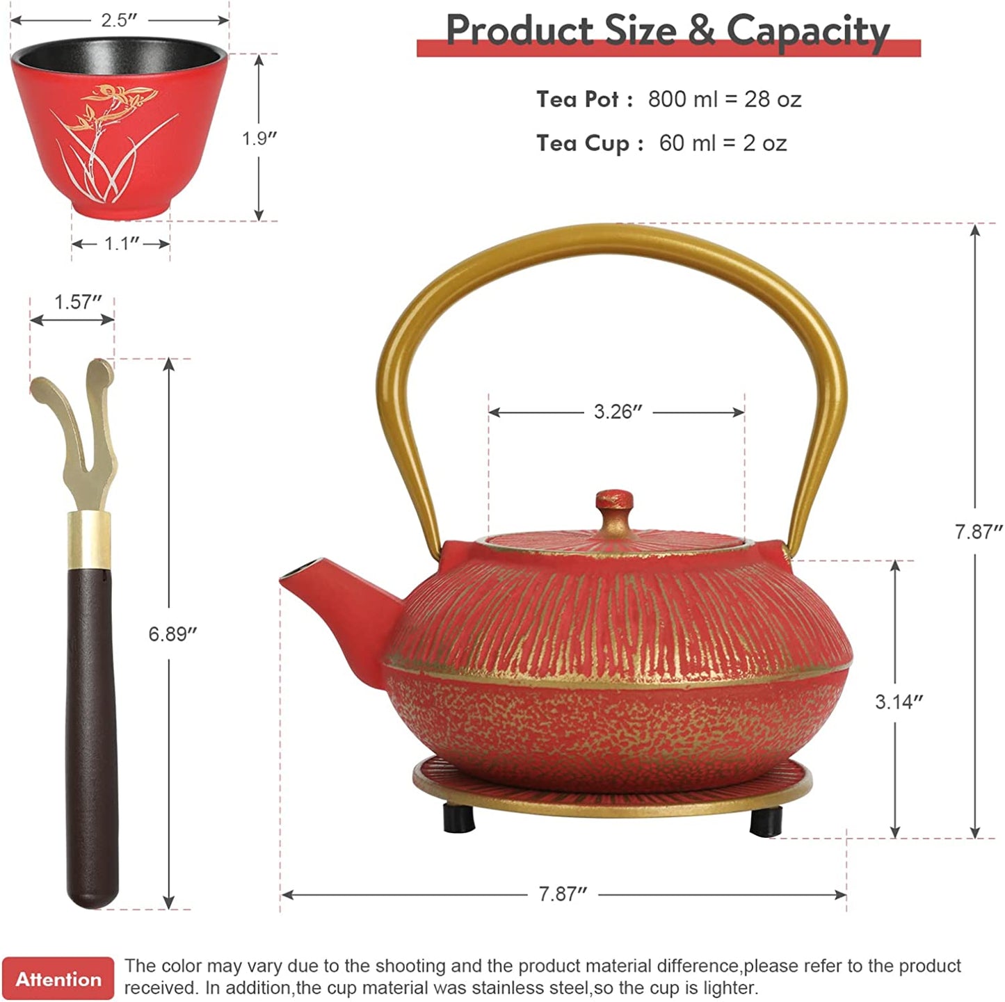 Japanese Style Cast Iron Teapot with 4 Tea Cups Trivet Tetsubin Tea Kettle with Infuser Chinese Tea Set for Adults Iron Tea Pots Black (Magpie and Plum Pattern)