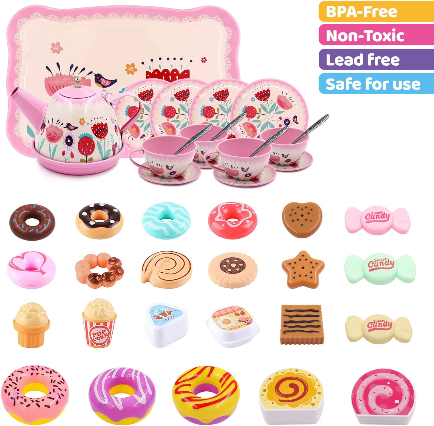 44PCS Tea Set for Little Girl, Princess Tea Time Toys Playset