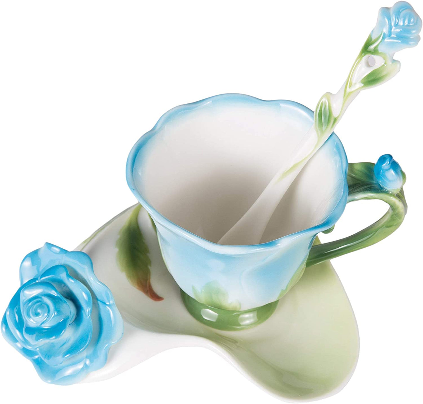 ENCOFT Ceramic Tea Cups Flower Tea Cup Set for Women with Spoon Rose Shape Design Mushroom Cup Gifts (Blue)
