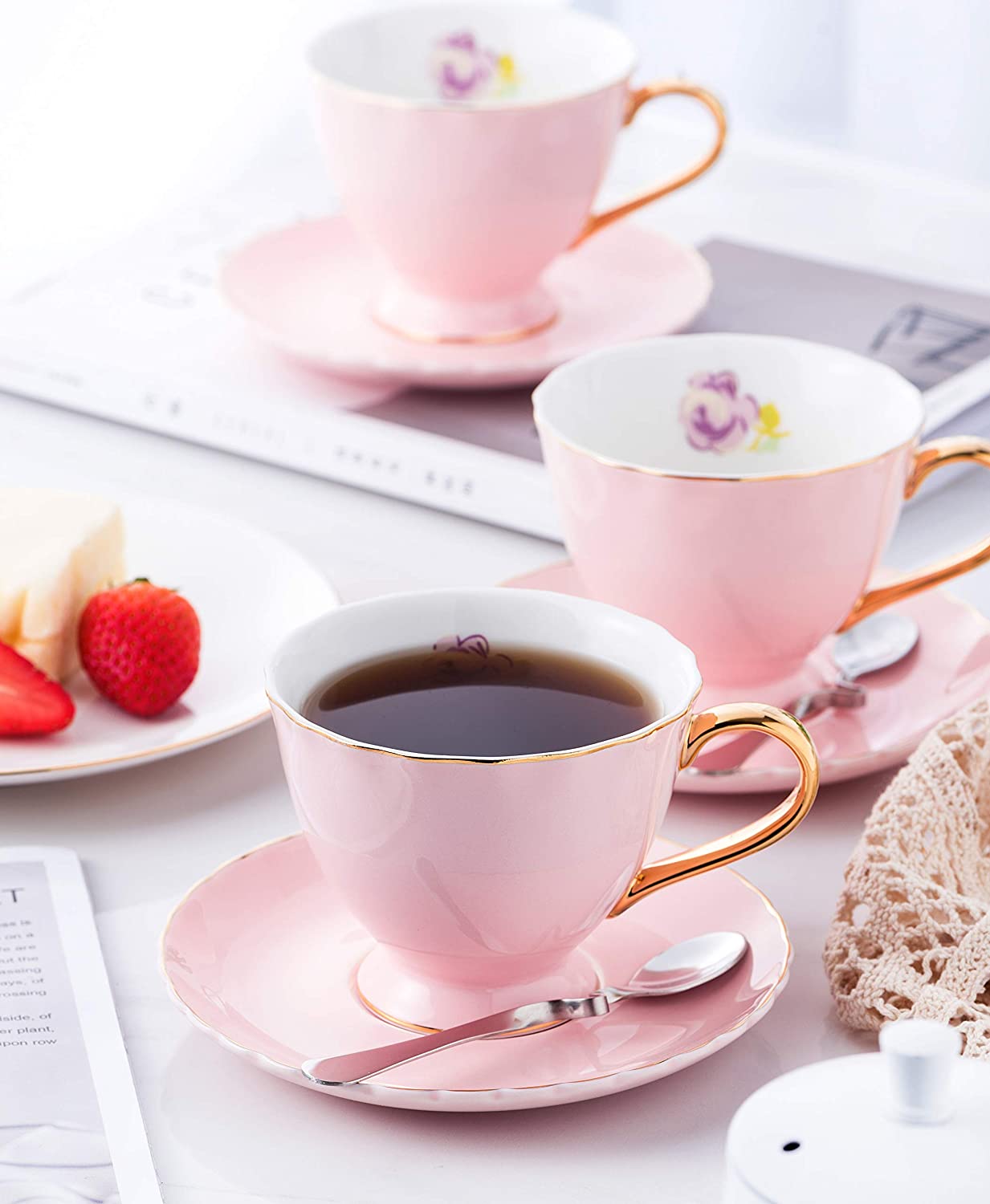 Jusalpha® Fine China Tea Cup and Saucer Coffee Cup Set with Saucer and Spoon Set of 6 (FD-TCS02 blue (6), 7oz)